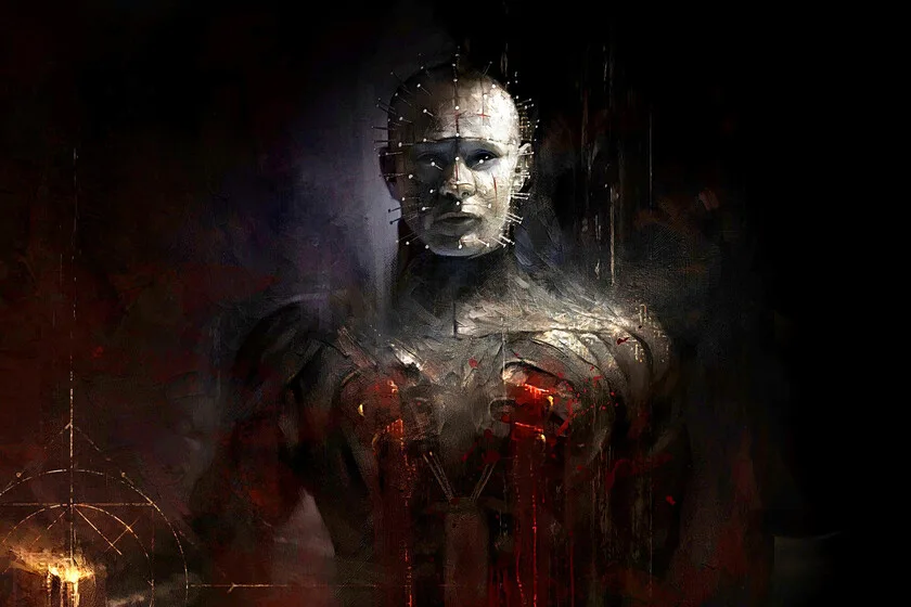Arte promocional de Pinhead, el icónico antagonista de la saga Hellraiser, con su característico rostro con clavos.