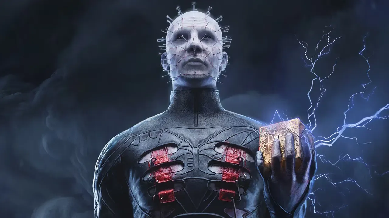 Pinhead sosteniendo la Configuración del Lamento con rayos eléctricos de fondo.