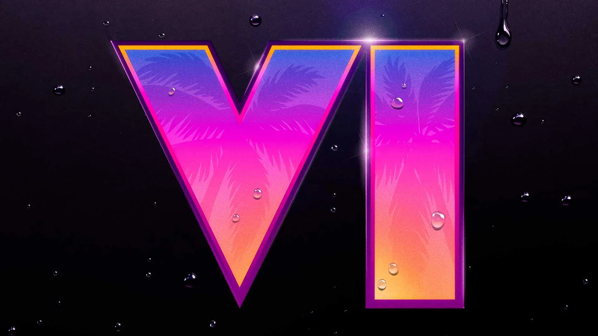 Logo de Grand Theft Auto VI con estética retro, colores neón y siluetas de palmeras sobre fondo oscuro con gotas.