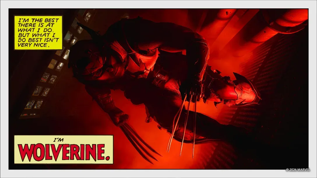 Arte promocional de Marvel's Wolverine mostrando al personaje con sus garras extendidas bajo una luz roja intensa.