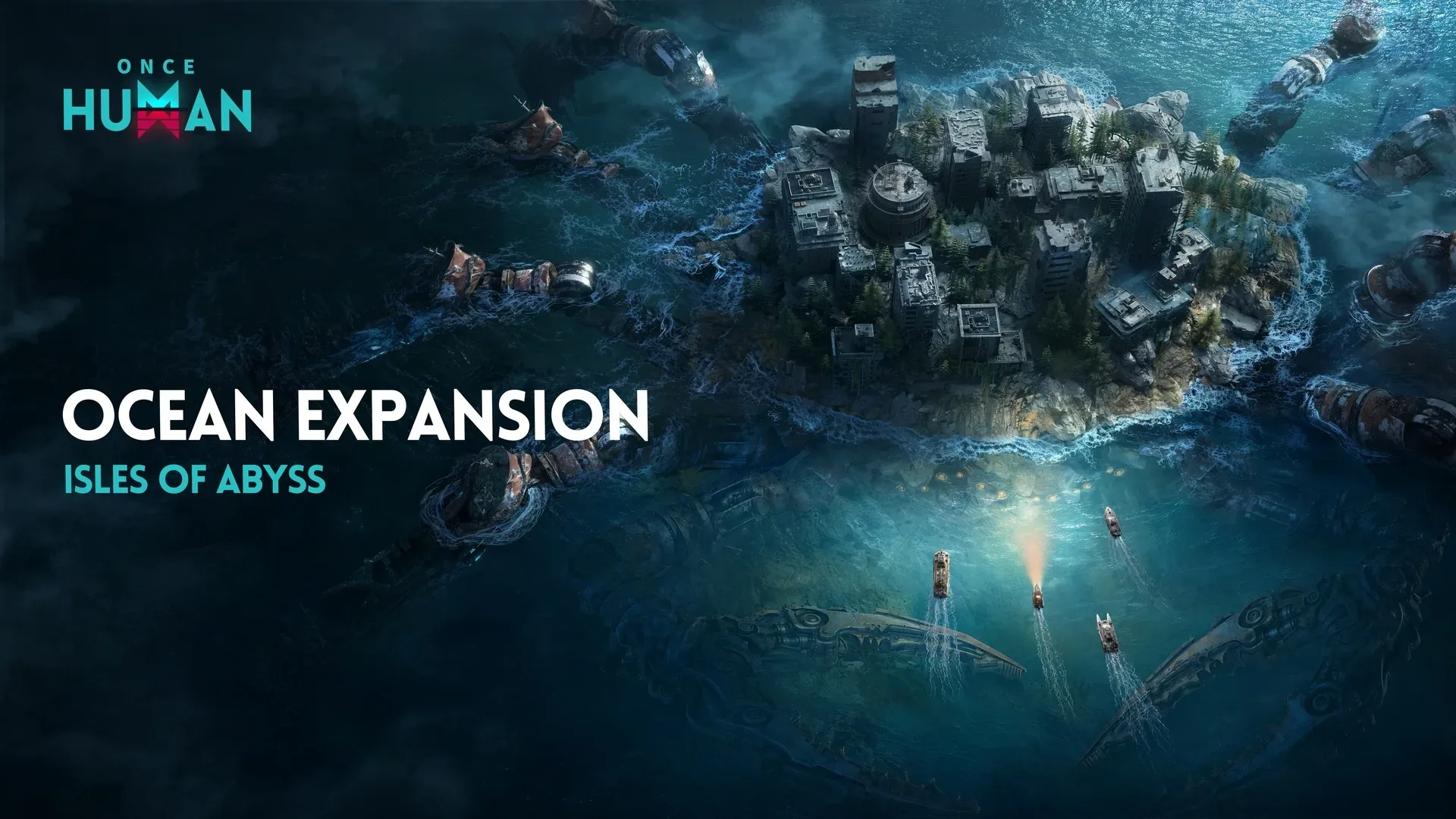 Arte promocional de la expansión Islas del Abismo para el videojuego Once Human, mostrando una ciudad sobre el mar.