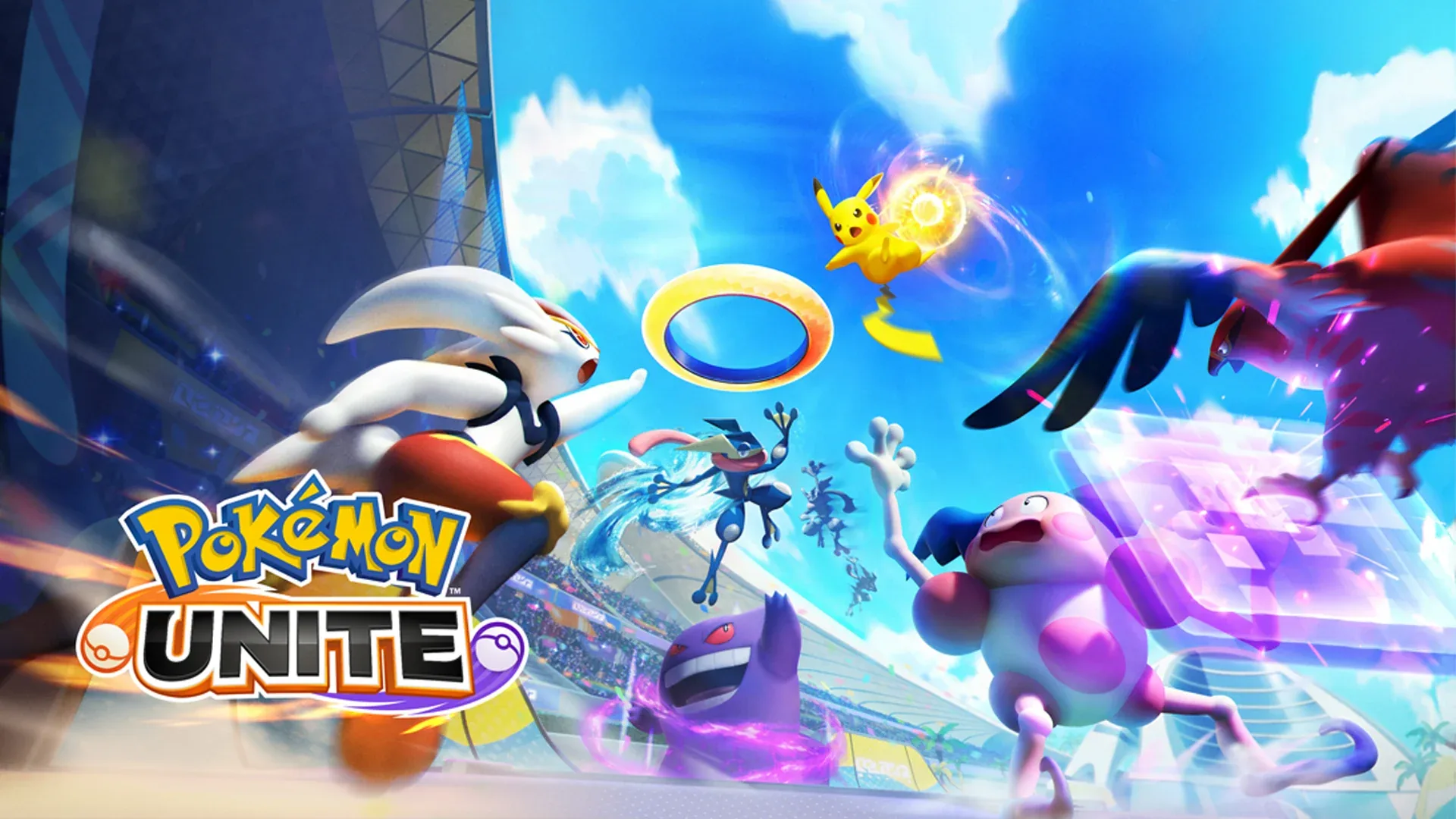 Arte promocional de Pokémon Unite con varios Pokémon en un estadio, incluyendo a Pikachu, Cinderace y Greninja.