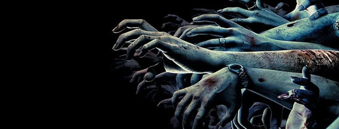 Arte promocional de Resident Evil Outbreak mostrando múltiples manos de zombis extendidas sobre un fondo negro.