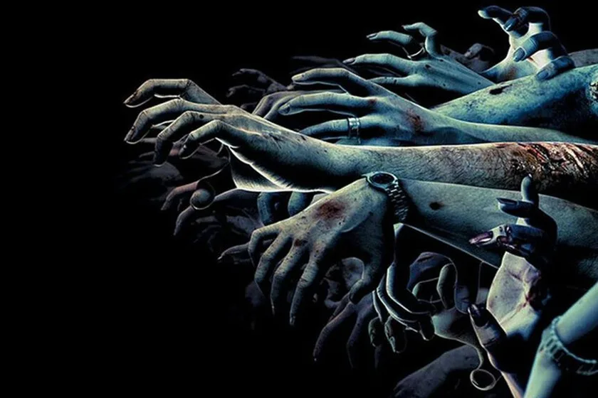 Arte promocional de Resident Evil Outbreak mostrando múltiples manos de zombis extendidas sobre un fondo negro.