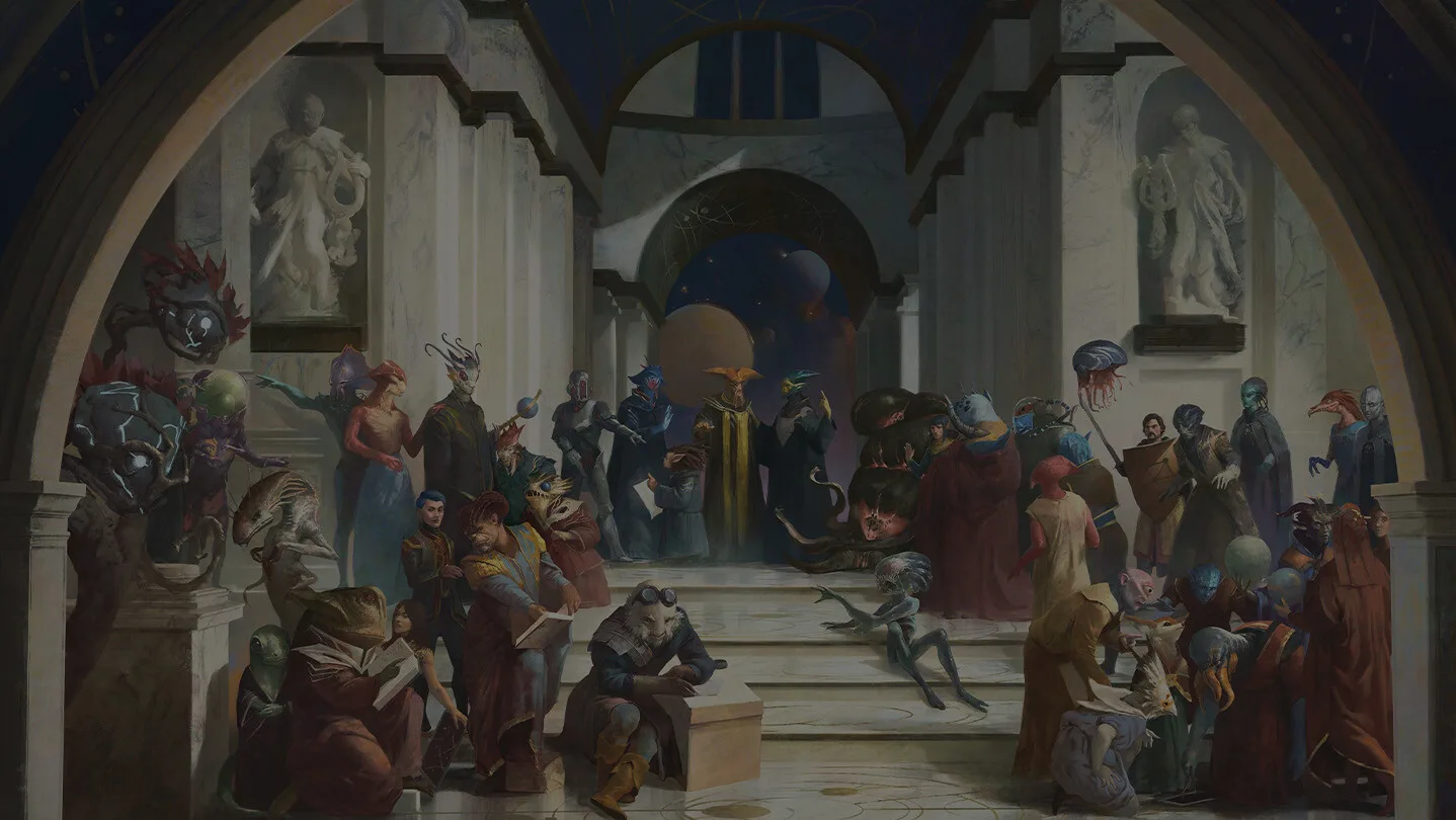 Arte conceptual de Stellaris mostrando una reunión diplomática con diversas especies alienígenas en un salón.