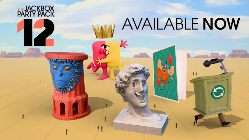 Arte promocional de The Jackbox Party Pack 12 con personajes y elementos icónicos sobre un desierto.