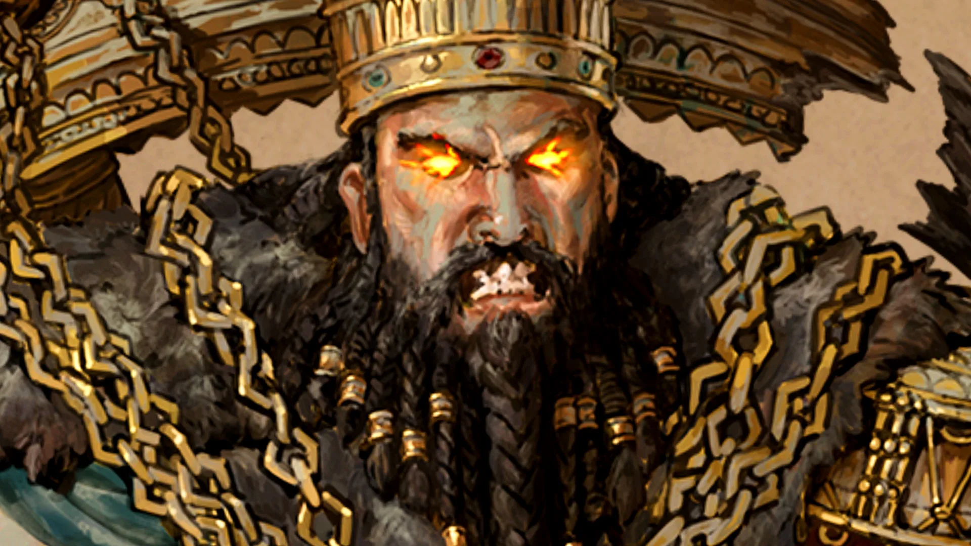 Primer plano del rey Telkine con ojos brillantes y cadenas doradas, arte promocional de Titan Quest 2.