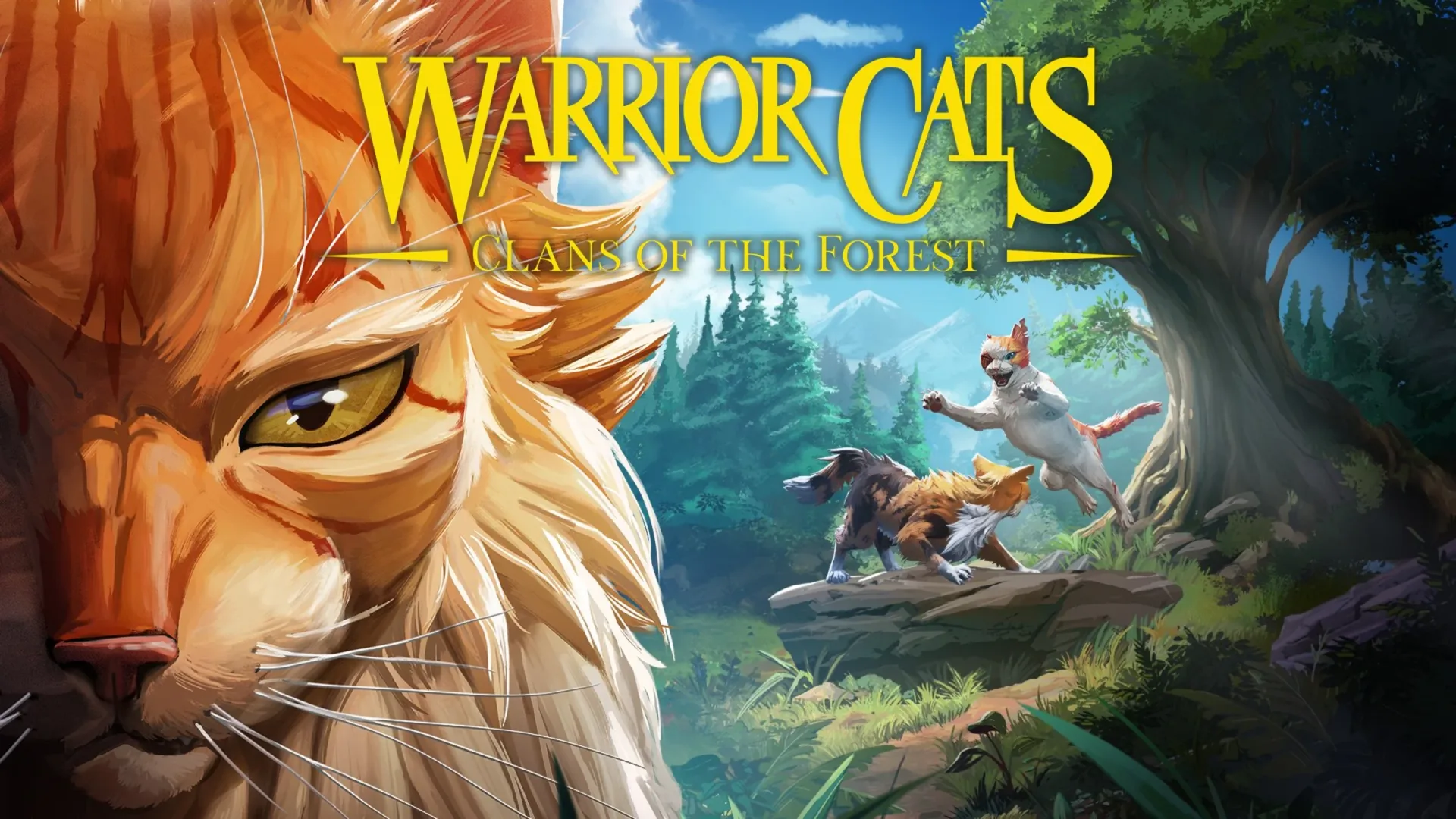 Arte promocional de Warrior Cats: Clans of the Forest con un primer plano de un gato y otros dos peleando en el bosque.
