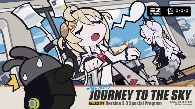 Arte promocional de Zenless Zone Zero mostrando a personajes en un estilo caricaturesco sobre un fondo de tren.